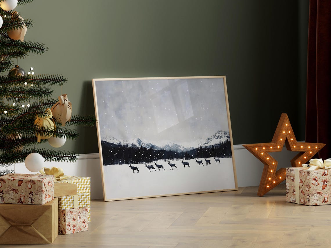 Reindeer Herd Crossing Snowy Plain Mountain Winter Wildlife Poster - Image 6