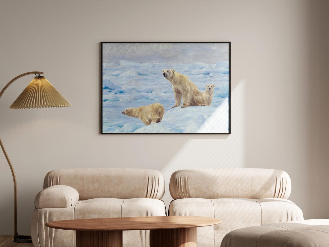 Three Polar Bears On Arctic Ice Vintage Wildlife Painting Poster - Image 7