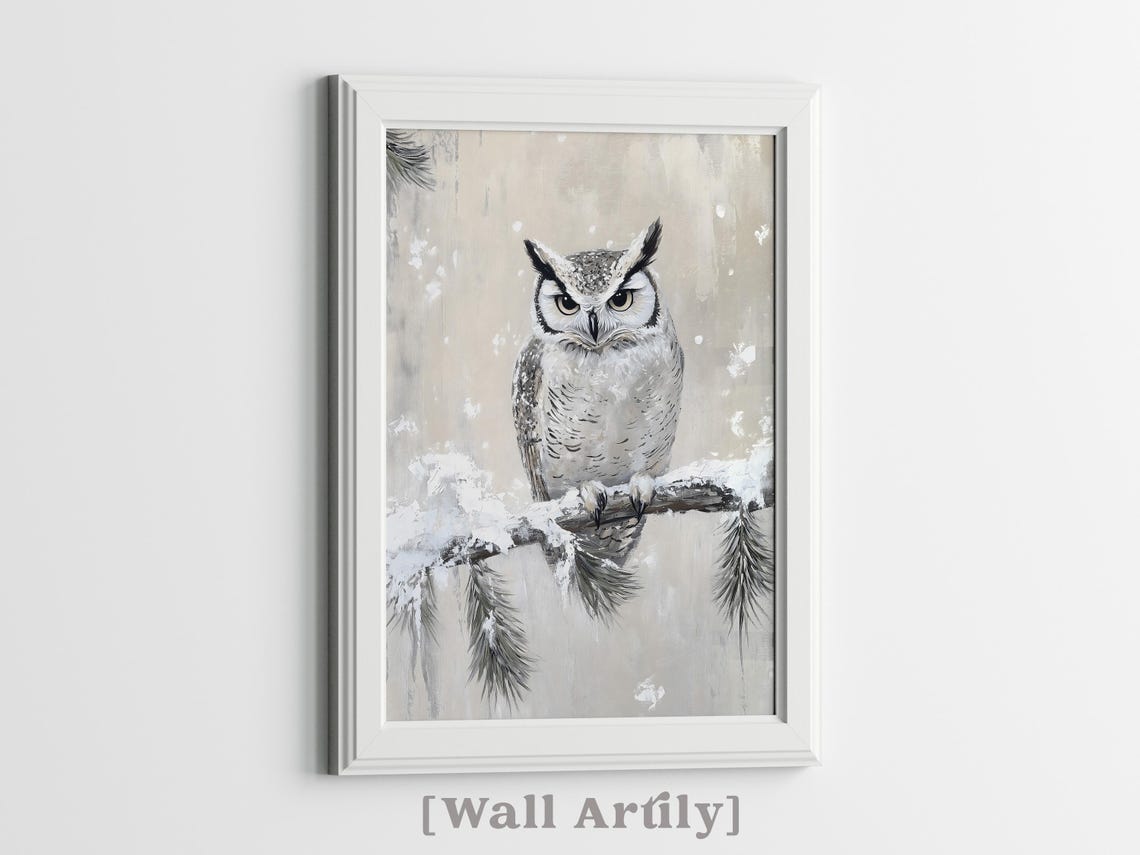 Great Horned Owl Snowy Pine Branch Winter Bird Portrait Poster - Image 3