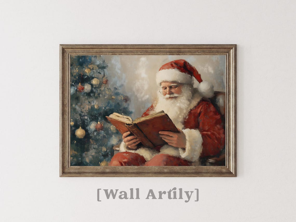 Santa Claus Reading Book By Christmas Tree Vintage Oil Art Poster - Image 2