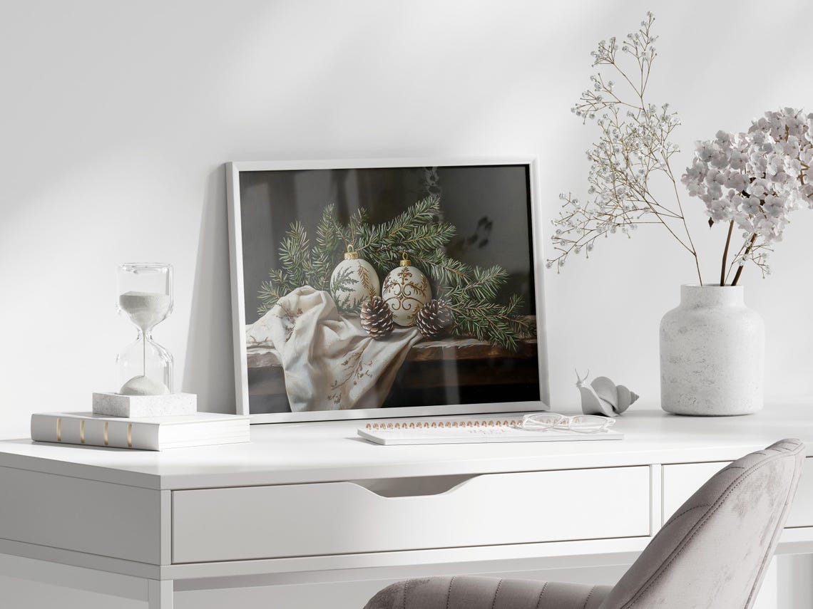 Moody Christmas Still Life With White Baubles And Pinecones Poster - Image 2