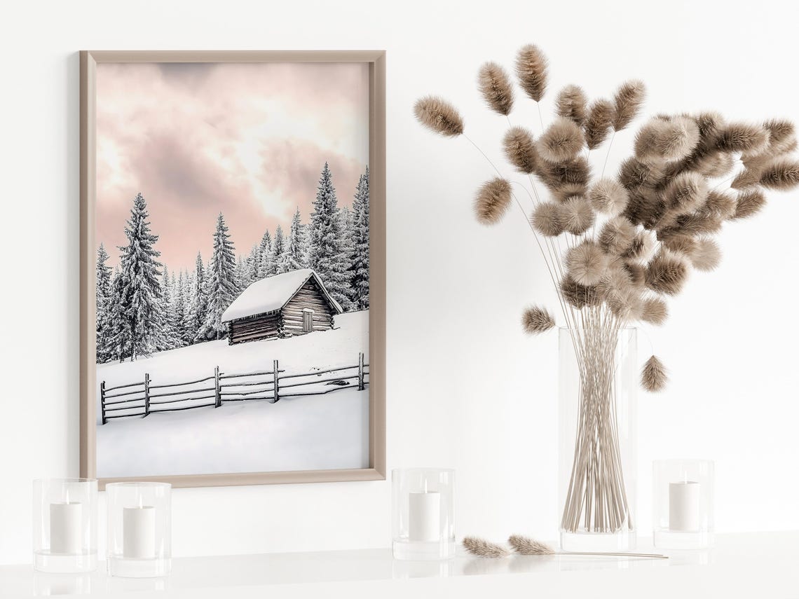 Snowy Log Cabin Winter Forest Pink Sky Mountain Scene Poster - Image 4