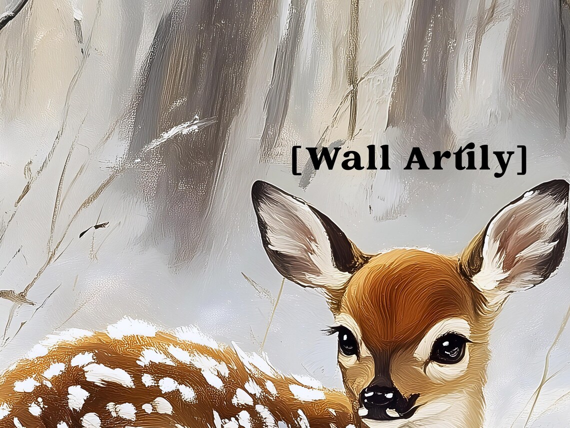 Sweet Little Fawn Resting In Snowy Woodland Winter Painting Poster - Image 3
