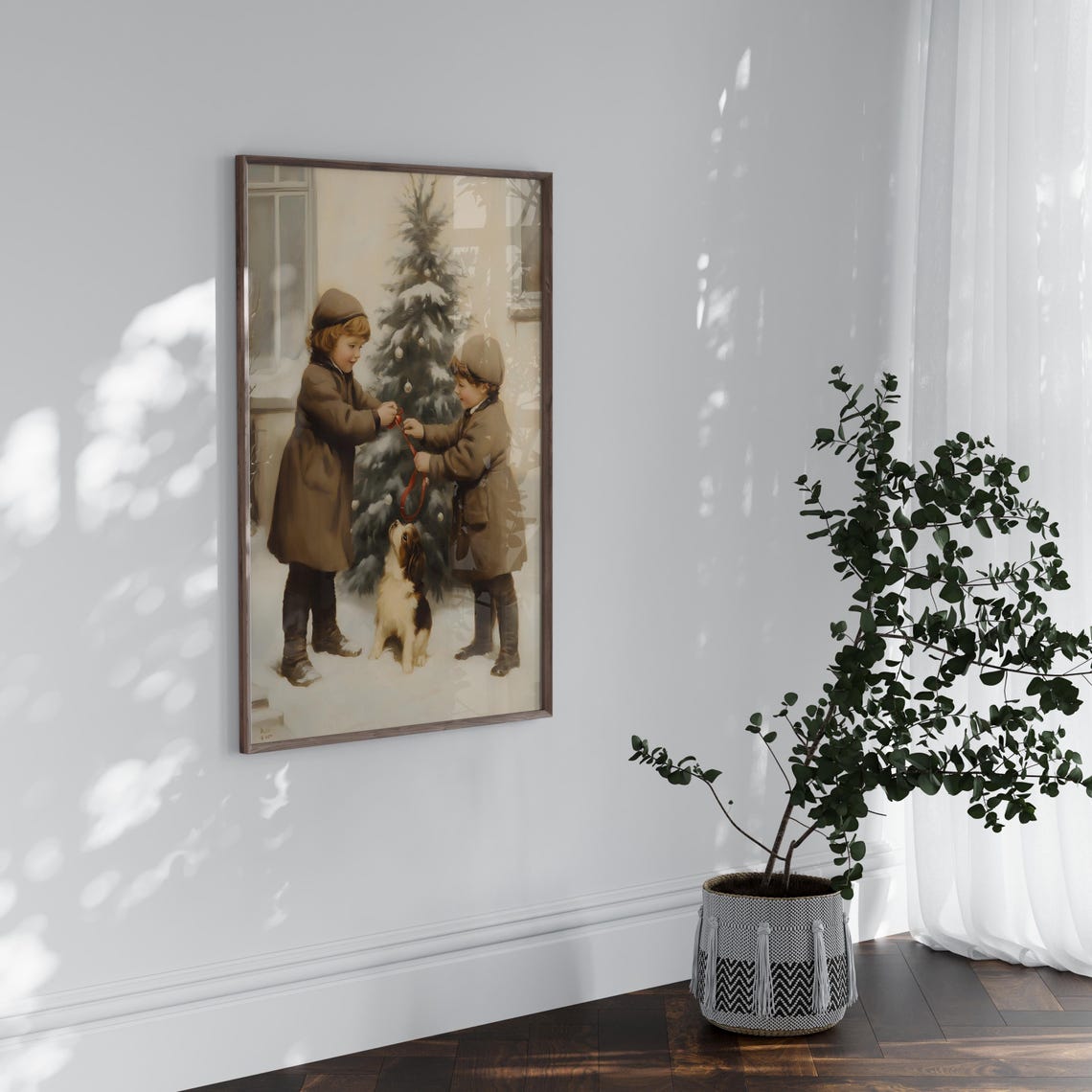 Vintage Children Decorating Christmas Tree Puppy Holiday Art Poster - Image 5