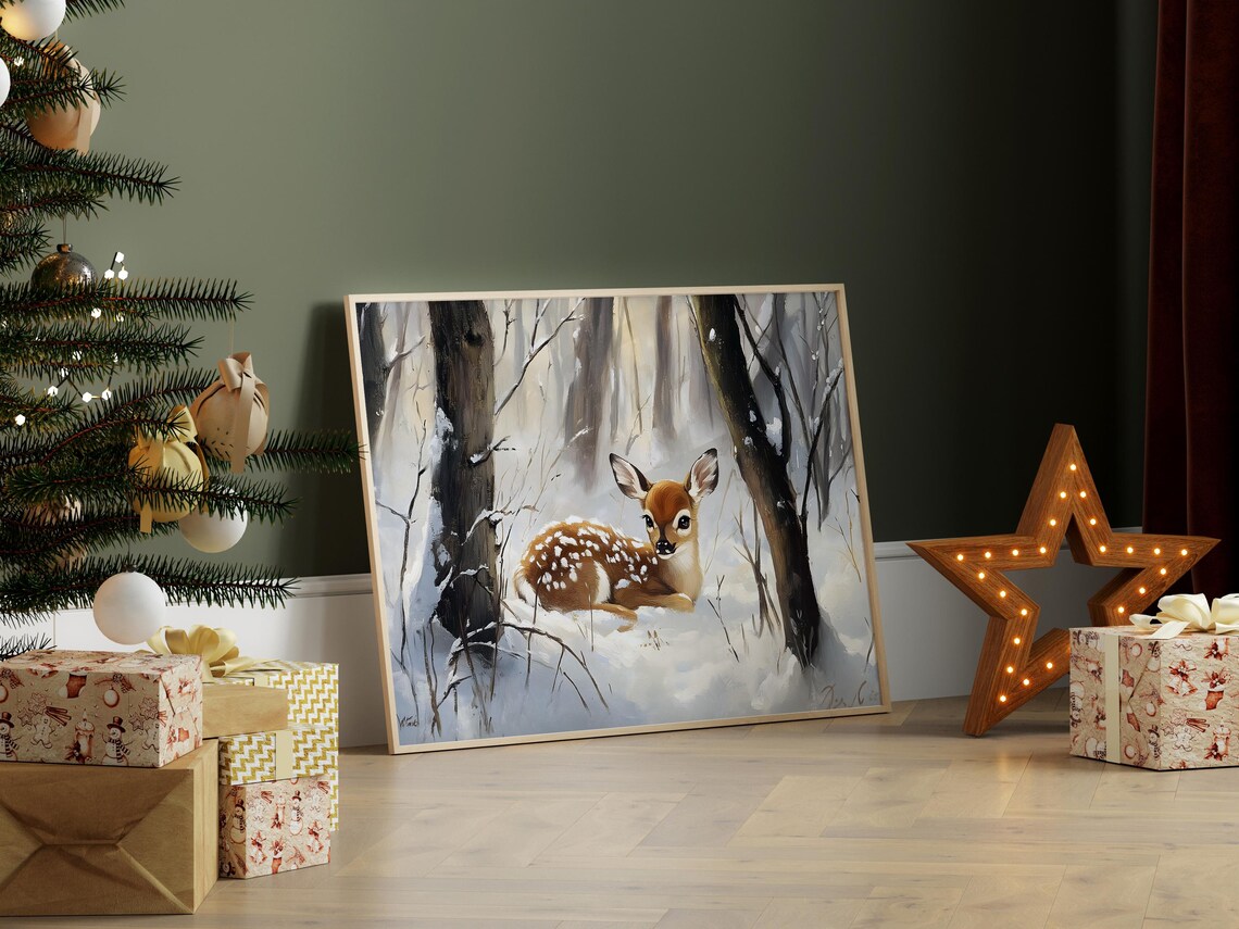 Sweet Little Fawn Resting In Snowy Woodland Winter Painting Poster - Image 6