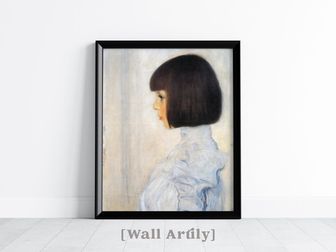 Vintage Portrait Of A Girl Wall Art Klimt Antique Oil Painting Impressionism Neutral Farmhouse Wall Decor Print - Image 4