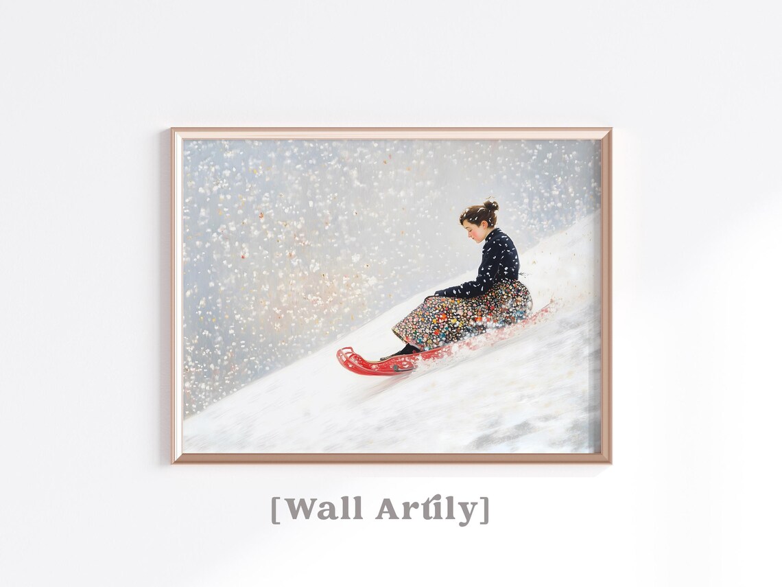 Woman Riding Red Toboggan Sled In Falling Snow Winter Art Poster - Image 6