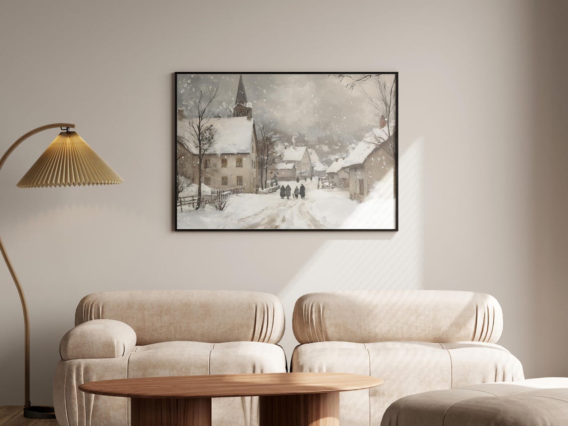 Snowy Church Village With Villagers Walking In Falling Snow Poster - Image 4