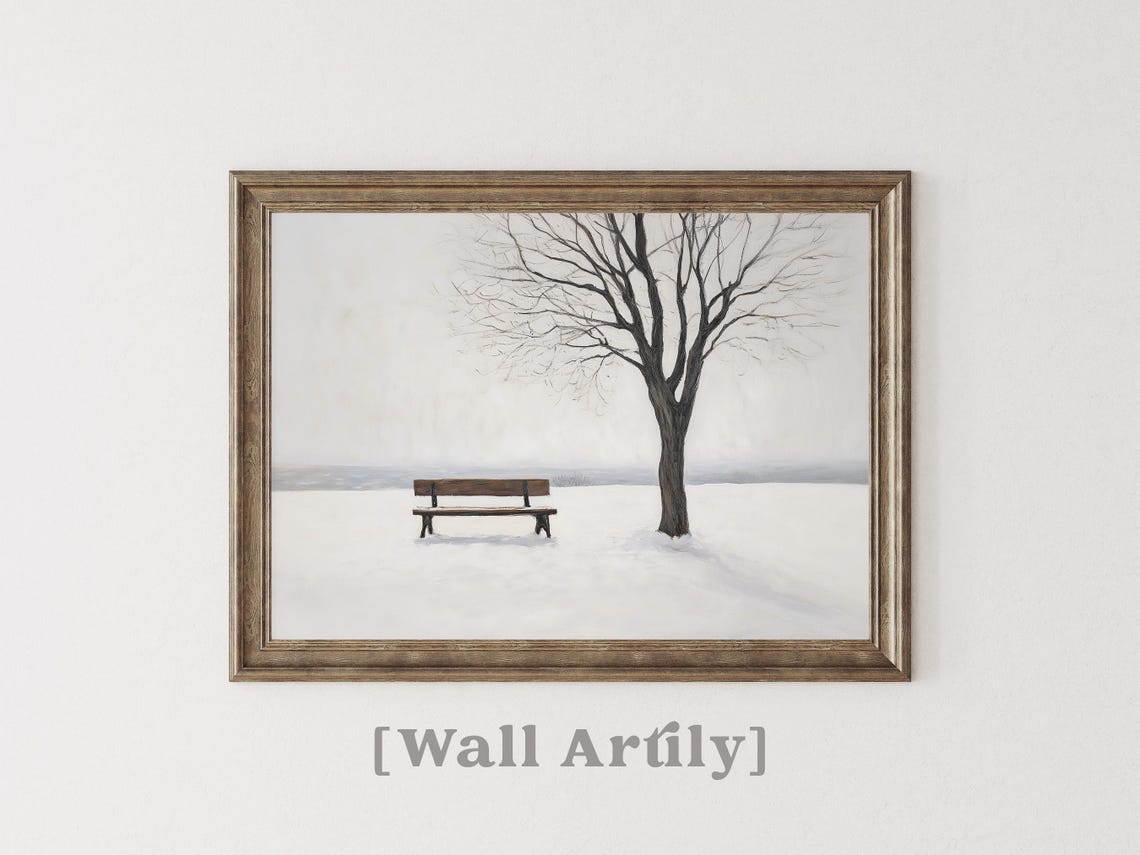 Snowy Park Bench Bare Tree Minimalist Winter Landscape Poster - Image 7