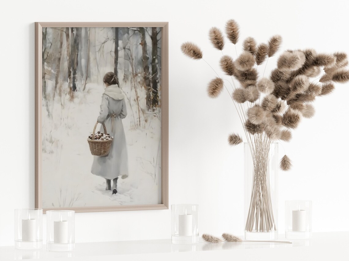 Woman Carrying Basket Of Pinecones Snowy Forest Vintage Art Poster - Image 7