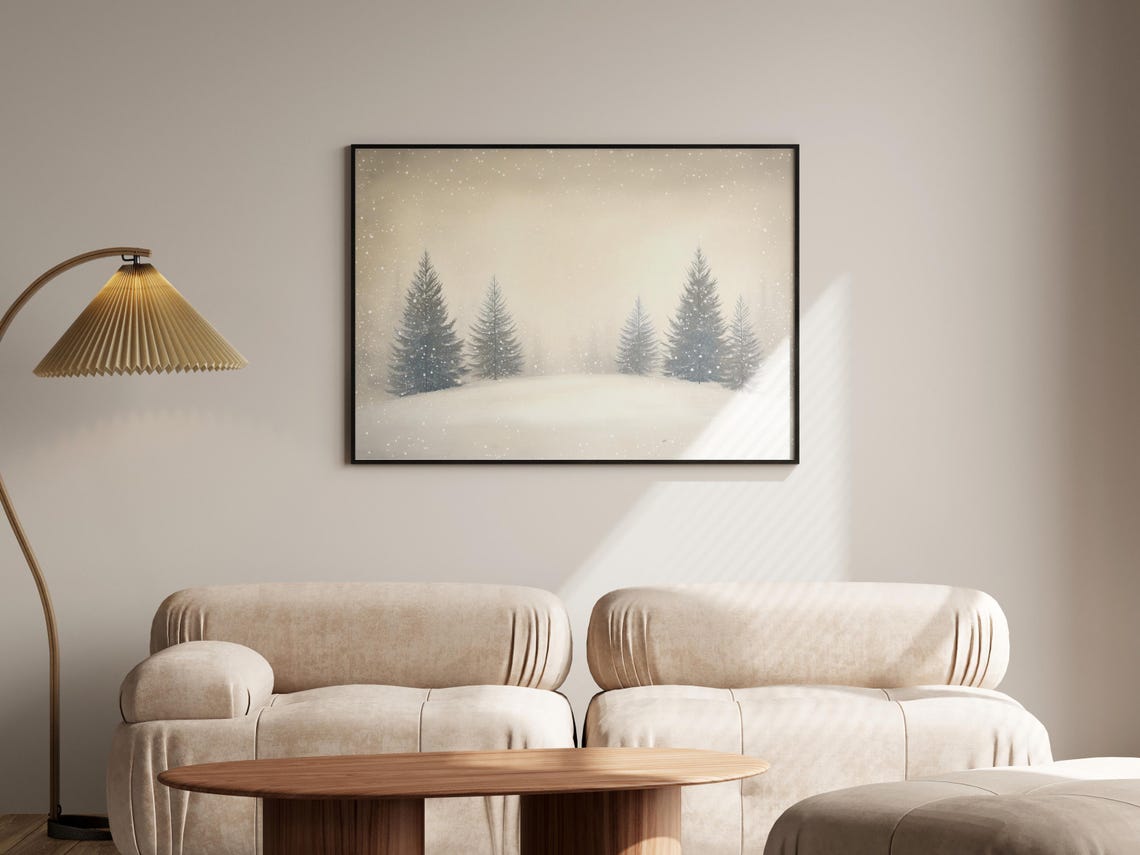 Minimal Snowy Pines In Falling Snow Warm Winter Scene Poster - Image 4