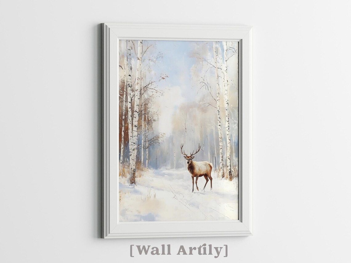 Noble Stag With Antlers In Snowy Birch Forest Winter Painting Poster - Image 4