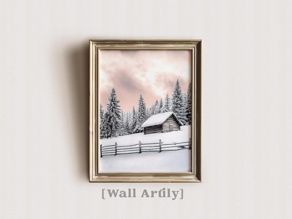 Snowy Log Cabin Winter Forest Pink Sky Mountain Scene Poster - Image 5