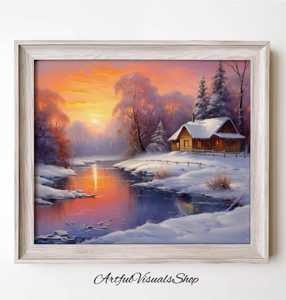 Winter Cottage Landscape Print Snowy River Cozy Cabin