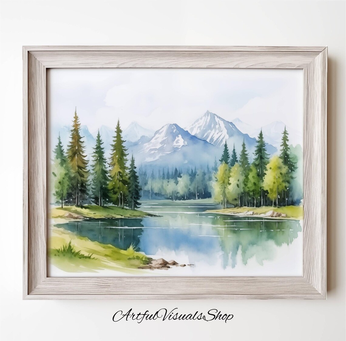 Mountain Lake Watercolor Landscape Pine Forest Snowy Peaks Poster