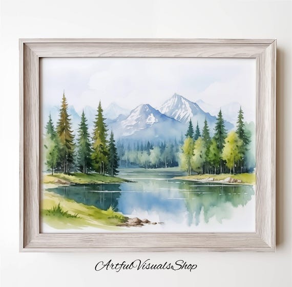 Mountain Lake Landscape Wall Art Watercolor Style Nature For Home Decor
