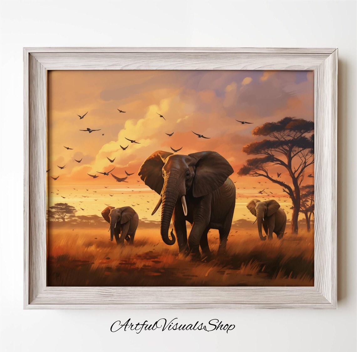Elephant Sunset Print Savannah Wildlife Art Nature Painting