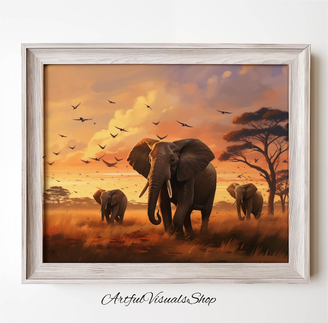 Elephants At Sunset Savanna Landscape Wildlife Painting Poster