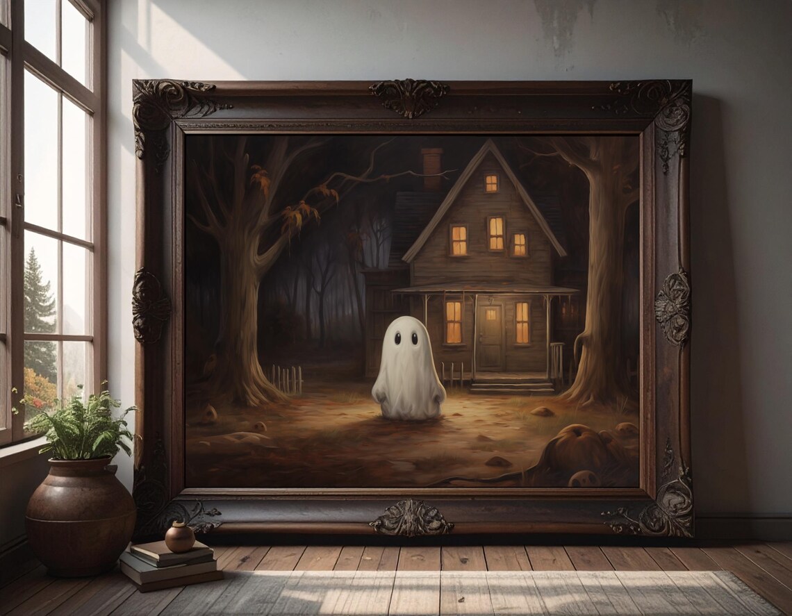 Cute Little Ghost at a Haunted House Halloween Night Poster Art