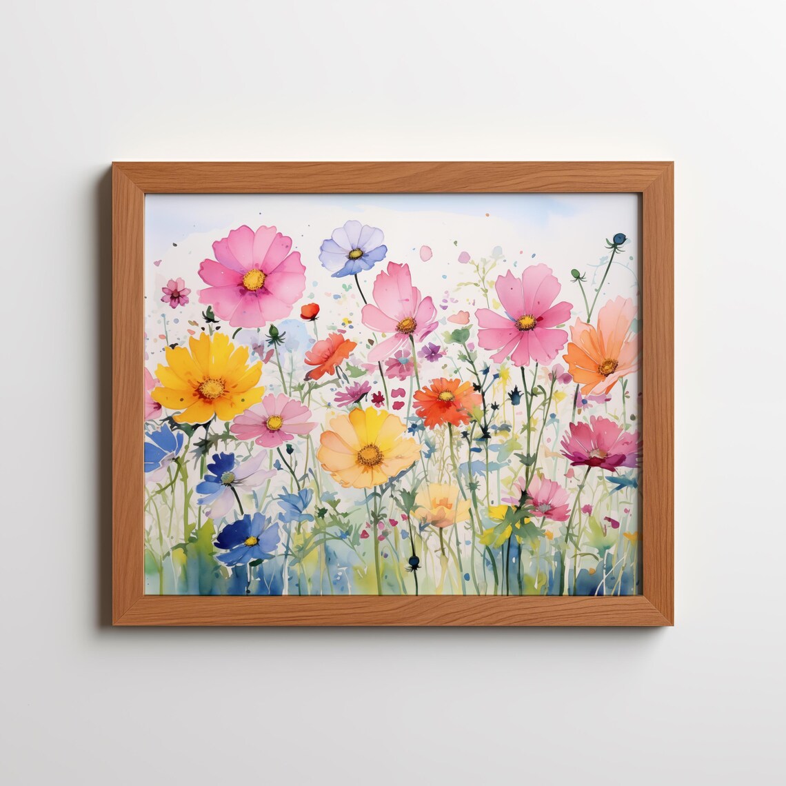 Pink Yellow Blue Cosmos Wildflower Meadow Watercolor Floral Art Poster
