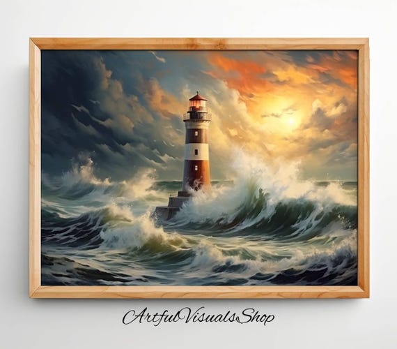 Stormy Sea Lighthouse Art Print Coastal Oil Painting Style