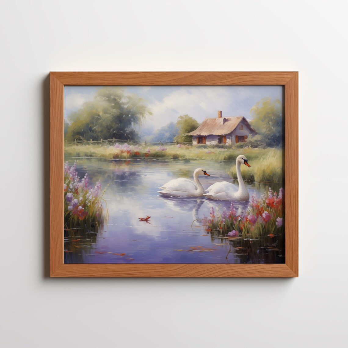 White Swans Lake Cottage Scene Soft Floral Peaceful Nature Poster