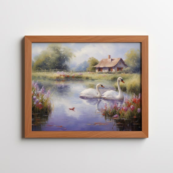 Swans On Lake Cottage Art Wall Decor Nature Painting