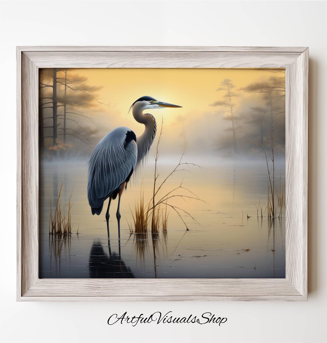Great Blue Heron Misty Wetland Golden Dawn Tranquil Wildlife Poster