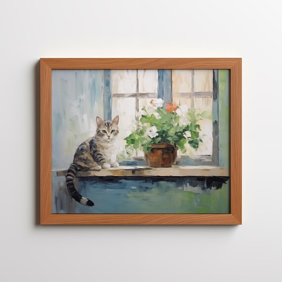 Tabby Cat Sitting On A Sunny Windowsill Impressionist Oil Painting Poster