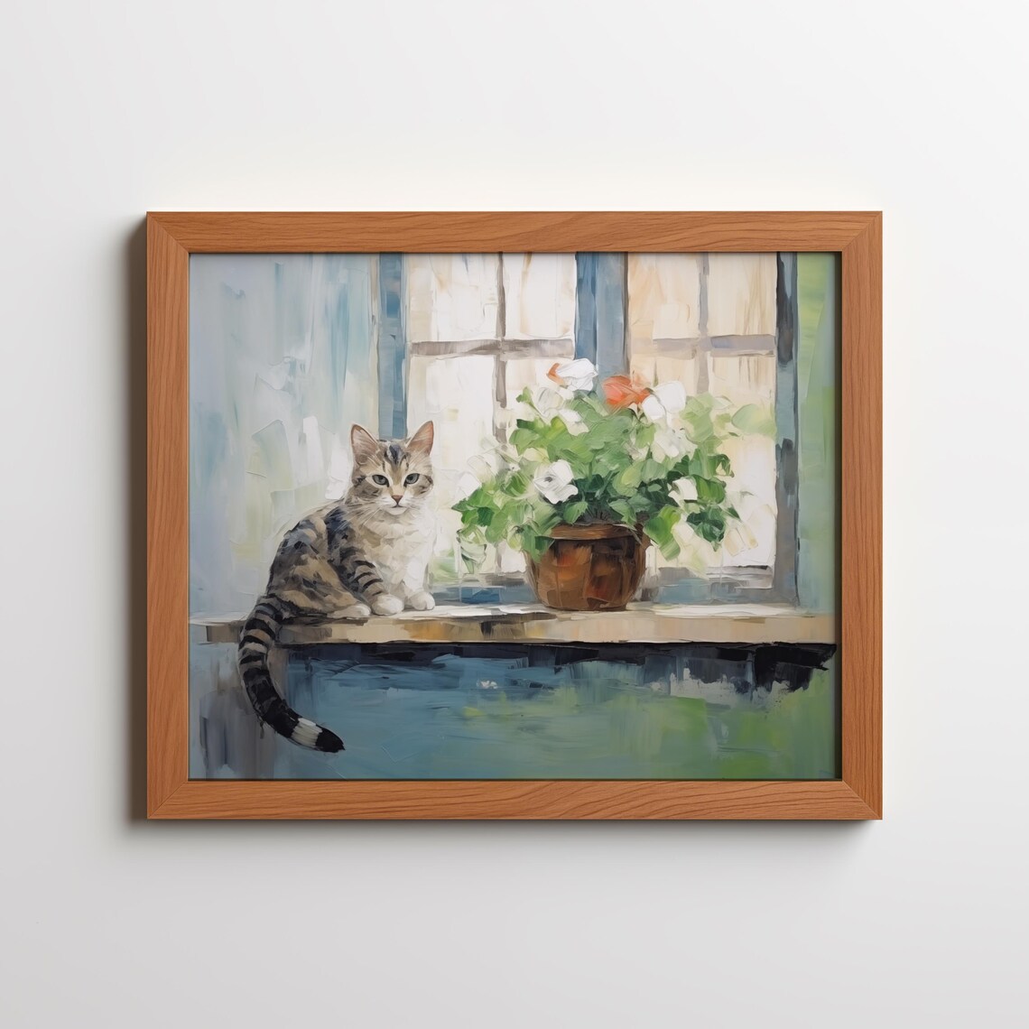 Tabby Cat Sitting On A Sunny Windowsill Impressionist Oil Painting Poster