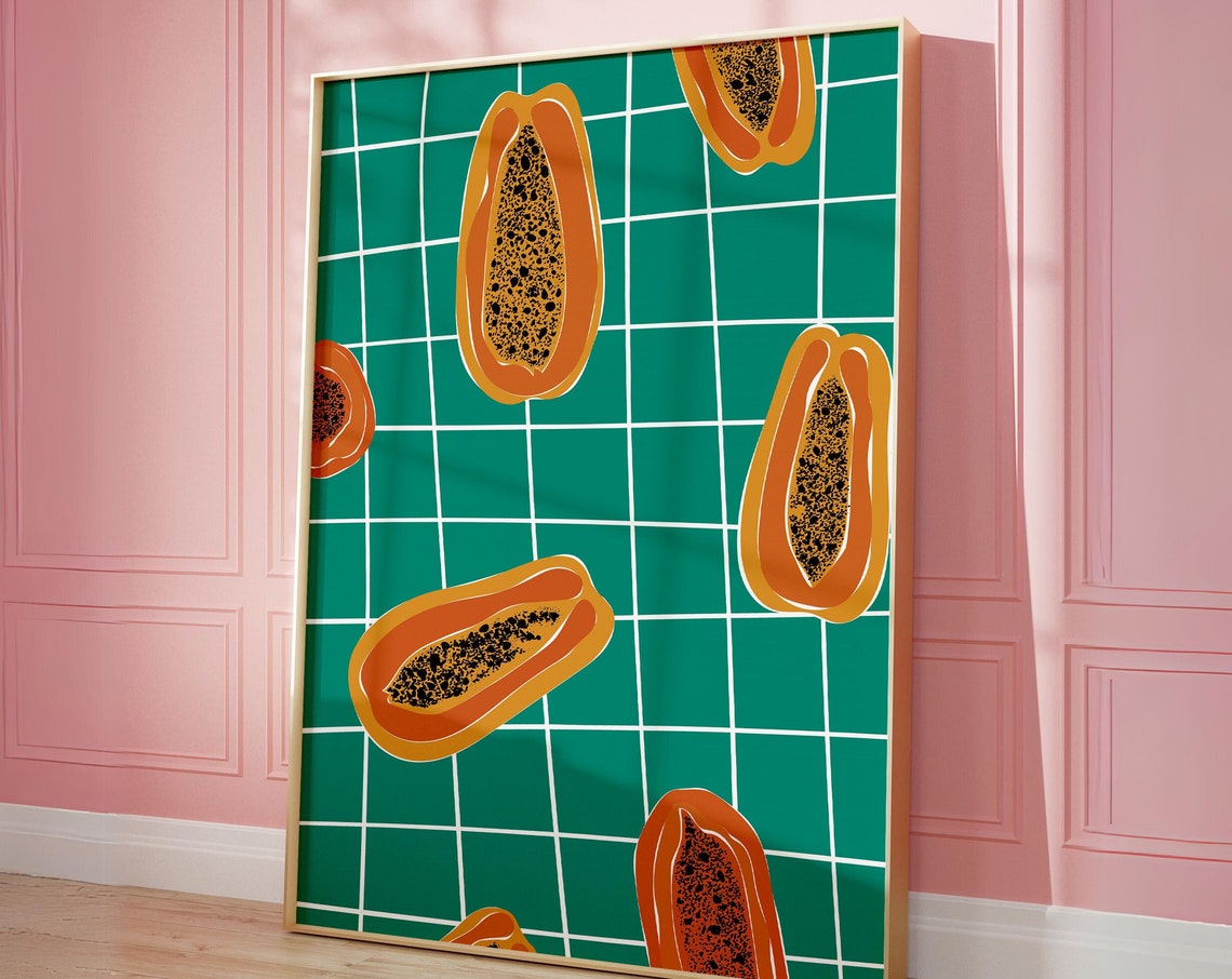Tropical Papaya Pattern Retro Kitchen Fruit Illustration Poster