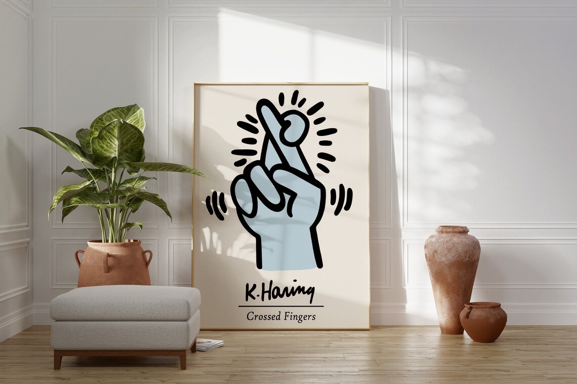 Keith Haring Crossed Fingers Pale Blue Lucky Hand Pop Art Poster