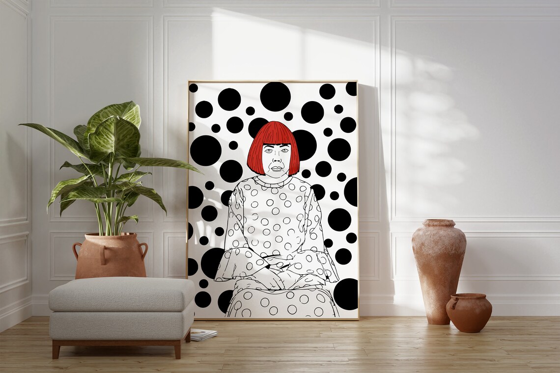 Yayoi Kusama Portrait Red Bob Polka Dot Artist Illustration Poster
