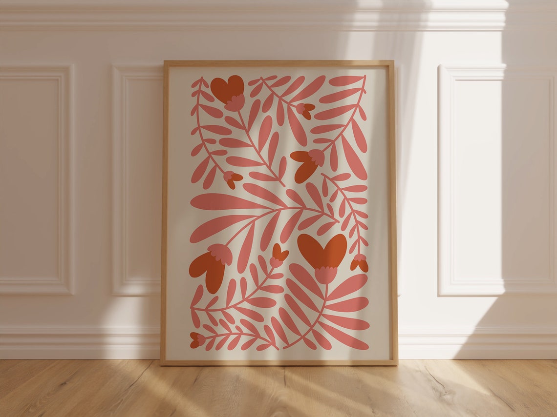 Pink Coral Leafy Floral Pattern Modern Botanical Soft Poster