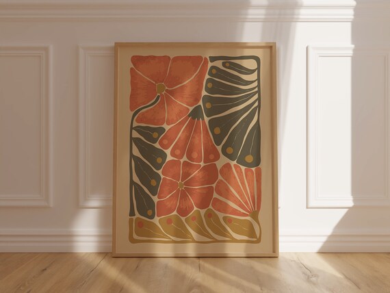 Burnt Orange Floral Folk Pattern Modern Botanical Decor Poster