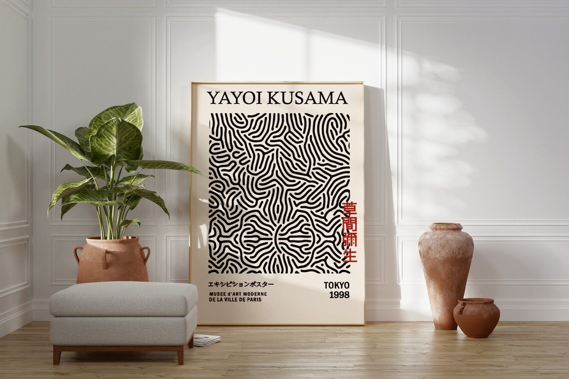 Yayoi Kusama Tokyo 1998 Black White Waves Exhibition Art Poster