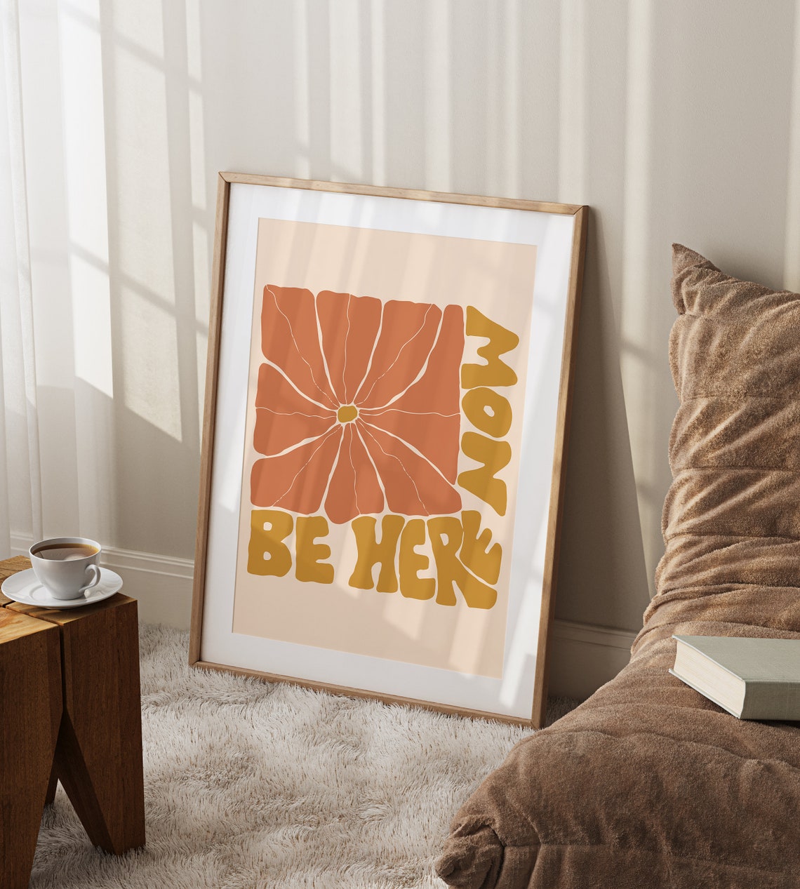 Be Here Now Retro Quote Poster with Orange Floral Mindfulness Design - Image 2