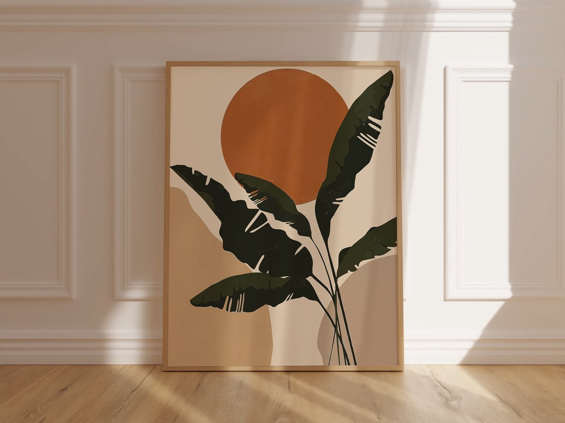 Tropical Dark Leaves and Burnt Orange Sun Botanical Art Poster