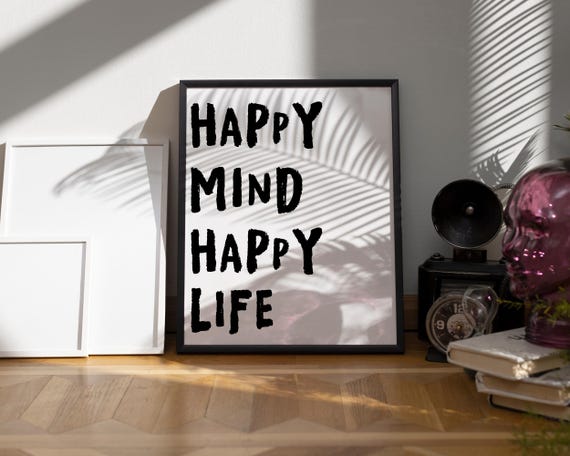 Happy Mind Life Print Trendy Retro Wall Art Motivational And Inspirational Healthy Living Positive Affirmations