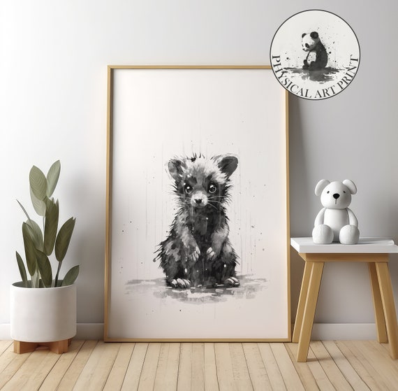 Baby Skunk In The Rain Physical Print Animal Illustration Nursery Wall Decor Infant Nursary Art Ink Drawing