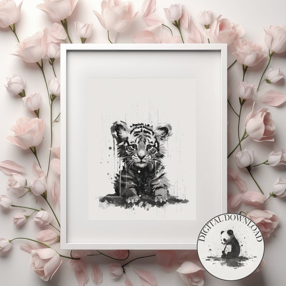 Baby Tiger In The Rain Cute Illustration Infant Nursary Decor Ink Drawing Art