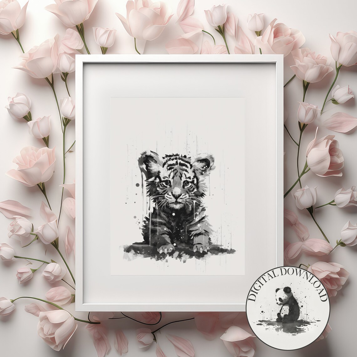 Baby Tiger in the Rain Black Ink Nursery Animal Drawing Poster