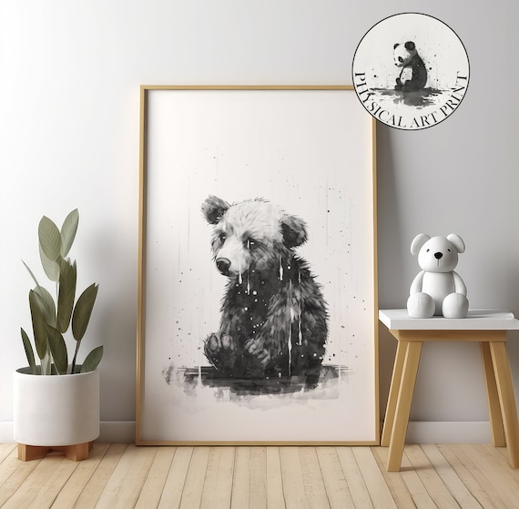 Cute Brown Bear Cub Ink Splash Black And White Nursery Decor Poster