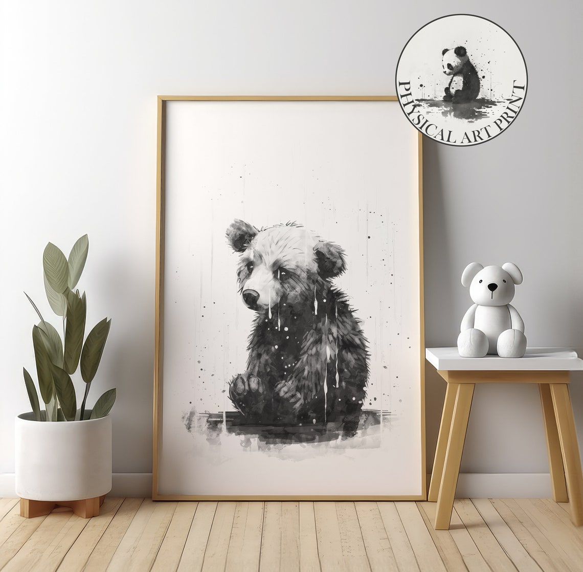 Cute Brown Bear Cub Ink Splash Black And White Nursery Decor Poster