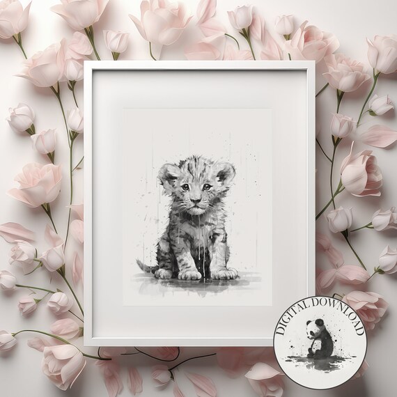 Baby Lion Cub Sitting in the Rain Black Ink Watercolor Poster