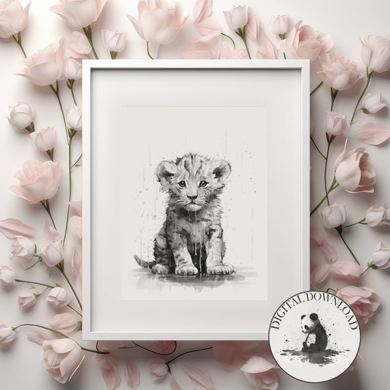 Baby Lion In The Rain Cute Illustration Infant Nursary Decor Ink Drawing Art