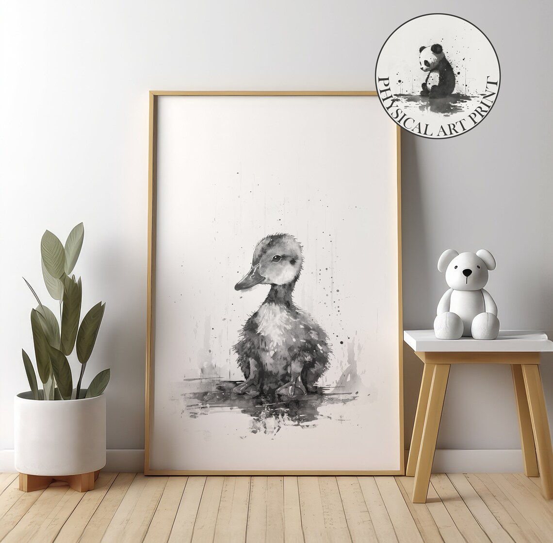 Sweet Baby Duckling in the Rain Ink Wash Style Nursery Animal Poster