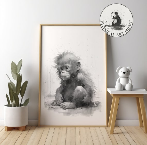 Baby Orangutan In Rain Physical Print Illustration Nursery Wall Decor Infant Nursary Art Ink Drawing