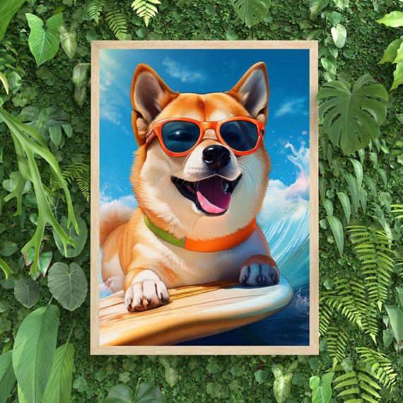 Shiba Inu Surf Print Cute Dog Ocean Art Wall Decor Boho Beach Poster Gift For Lovers