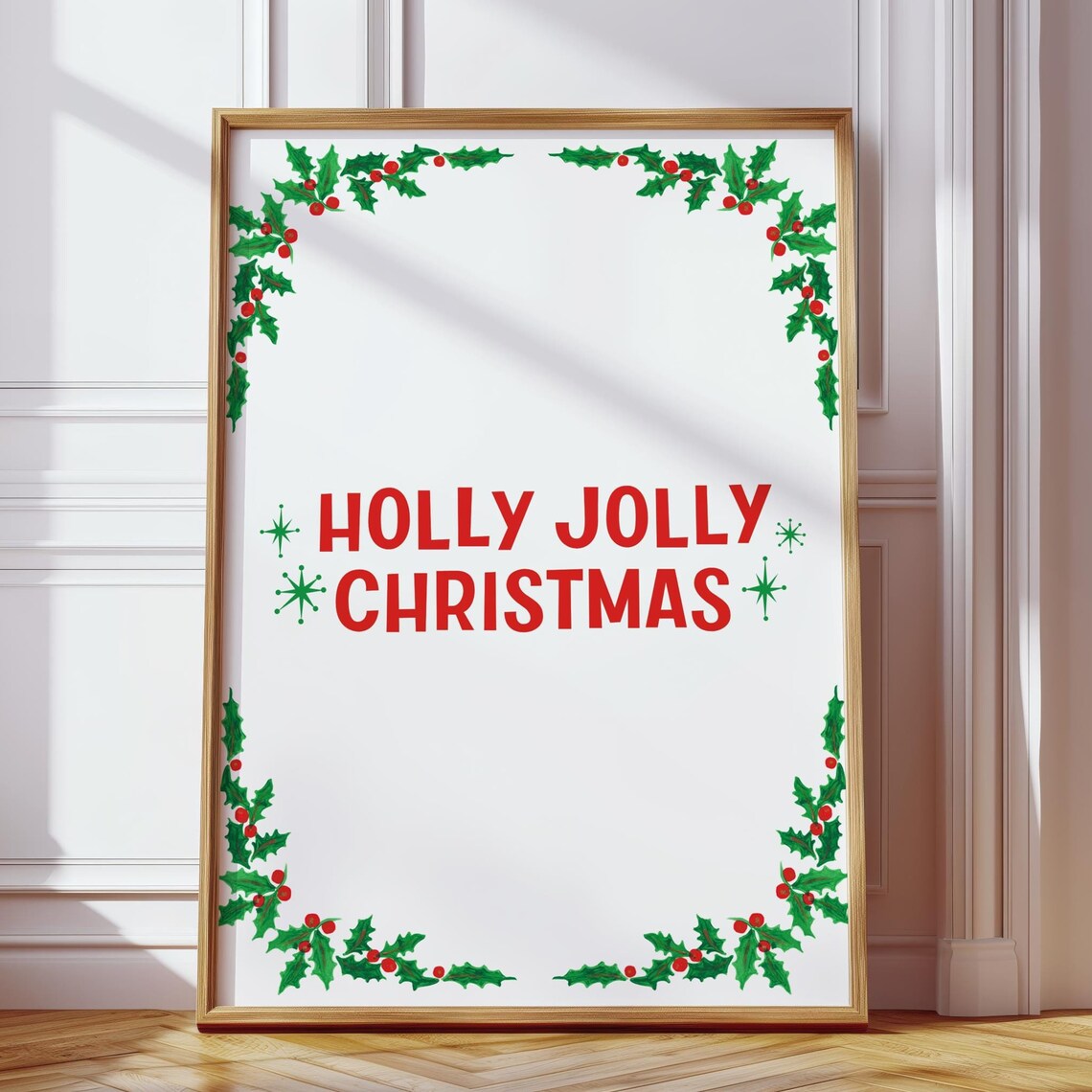Holly Jolly Christmas Poster with Holly Border Retro Holiday Art